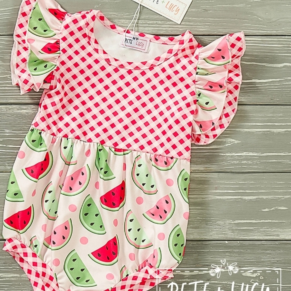 Pink and Green Watermelon Bodysuit with Ruffled Sleeves